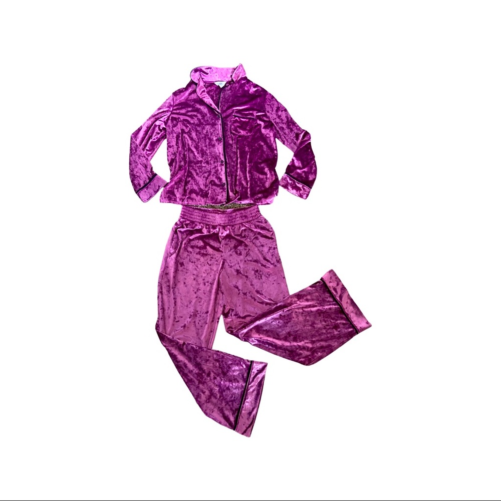 Purple silky velour pajama set, button up top and matching pants
